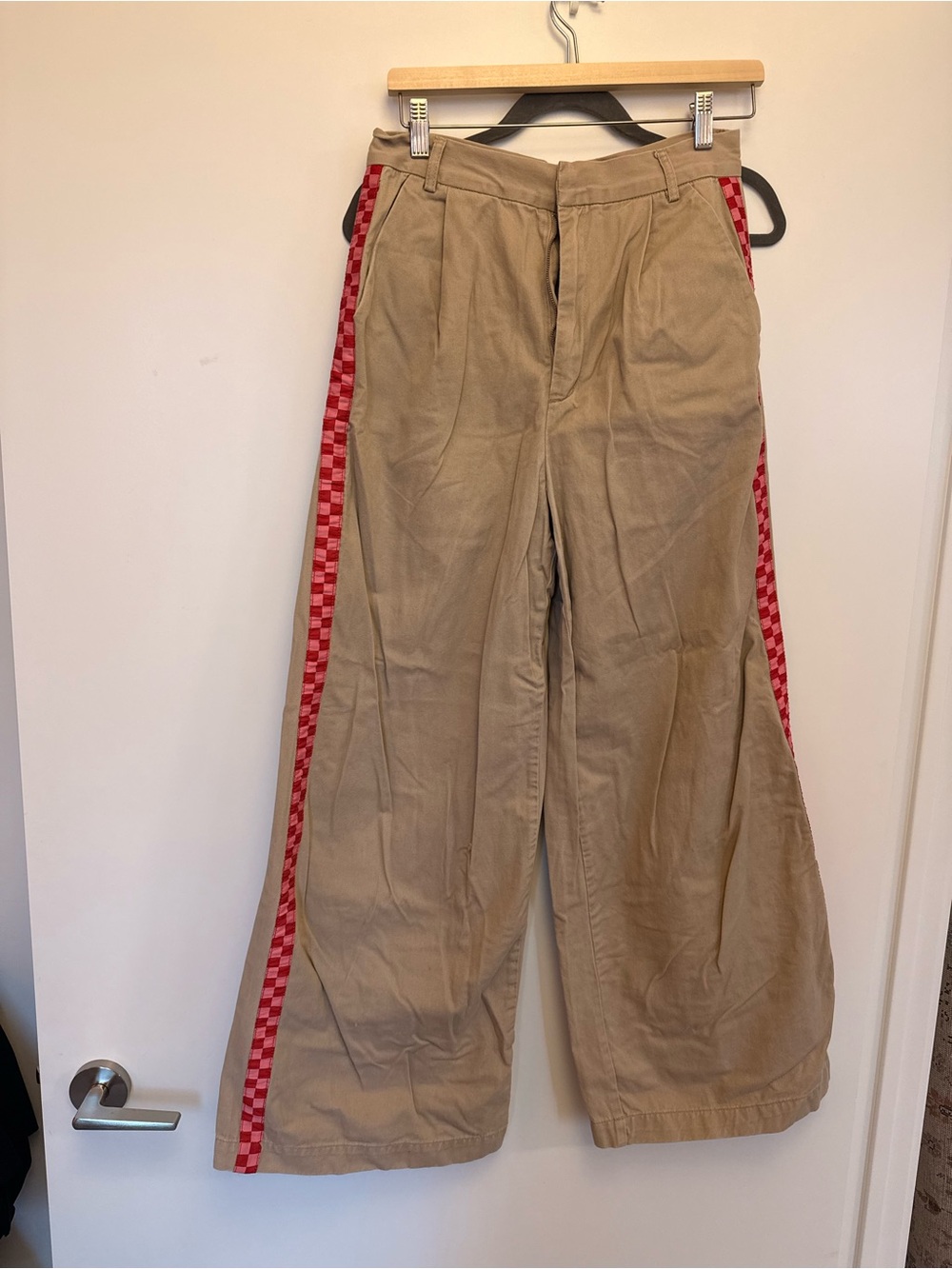 Lazy Oaf Khaki Wide-Leg Chinos with Red Check Side Stripe
